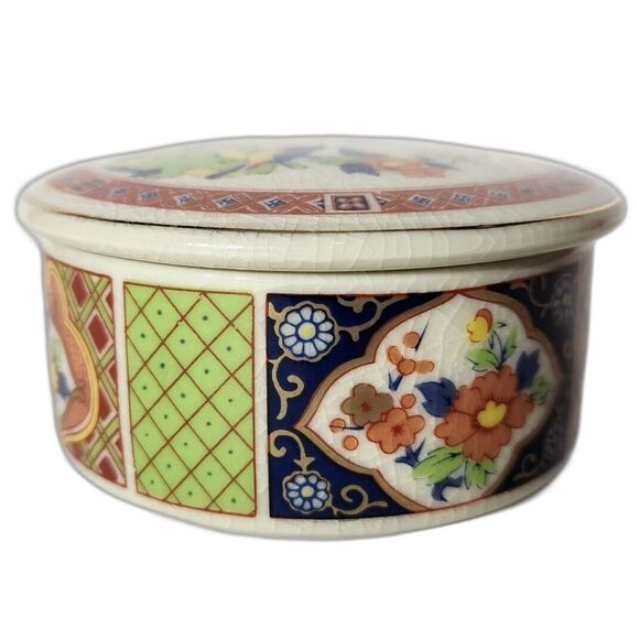 Imari Style Floral Lidded Jar Jewelry Trinket Powder Box Porcelain Colorful - Picture 4 of 11
